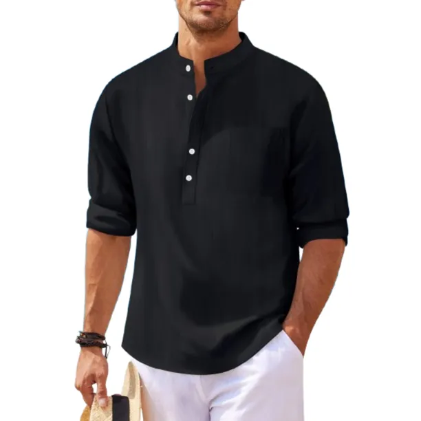 Men's Henley Shirts Long Sleeve Band Collar Shirt