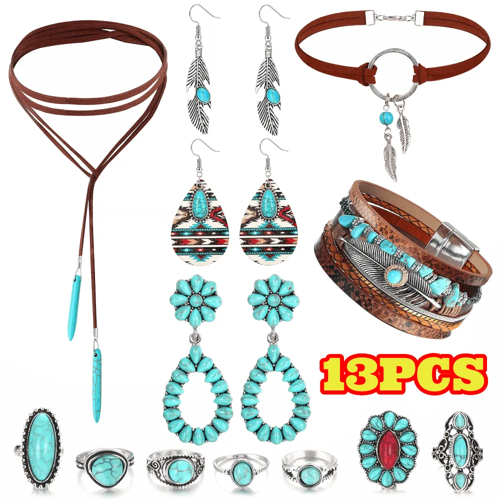 13PCS Western Jewelry Set for Women Turquoise Faux