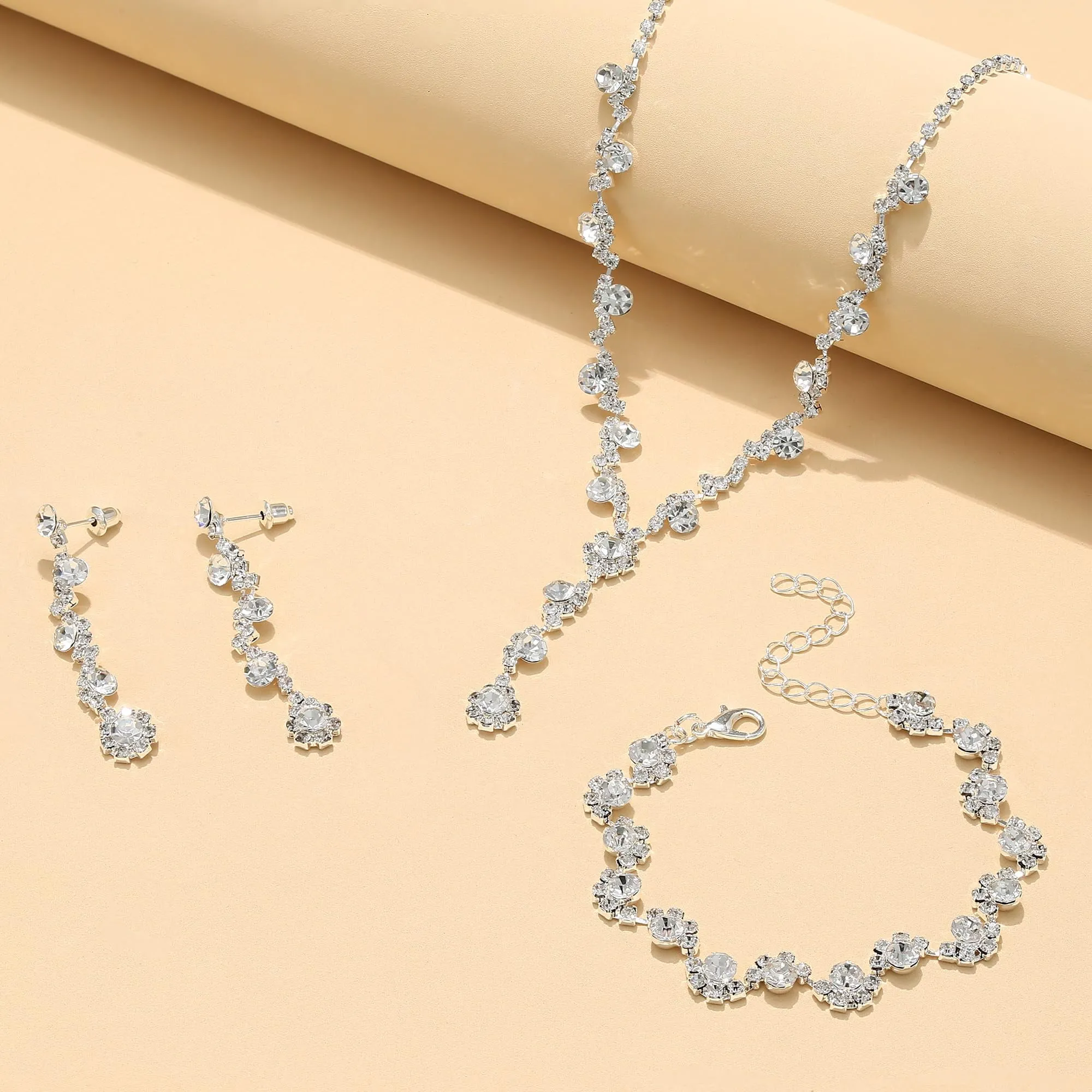 Silver Jewelry Set for Women Rhinestone Necklace