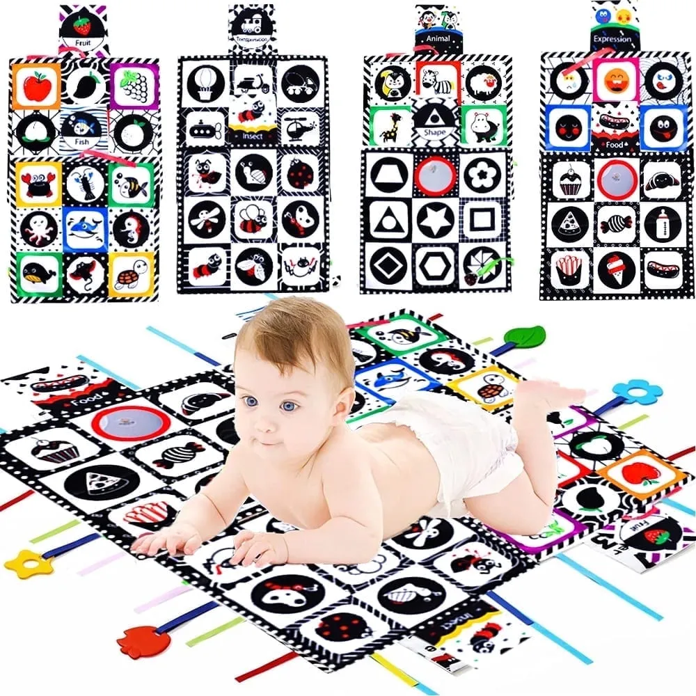 Tummy Time Crinkle Toys with Mirror, Black & White High-Contrast Sensory Set