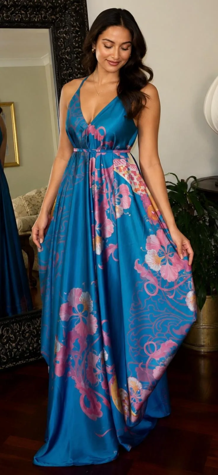 Midnight Blossom Cowl-Neck Maxi Dress