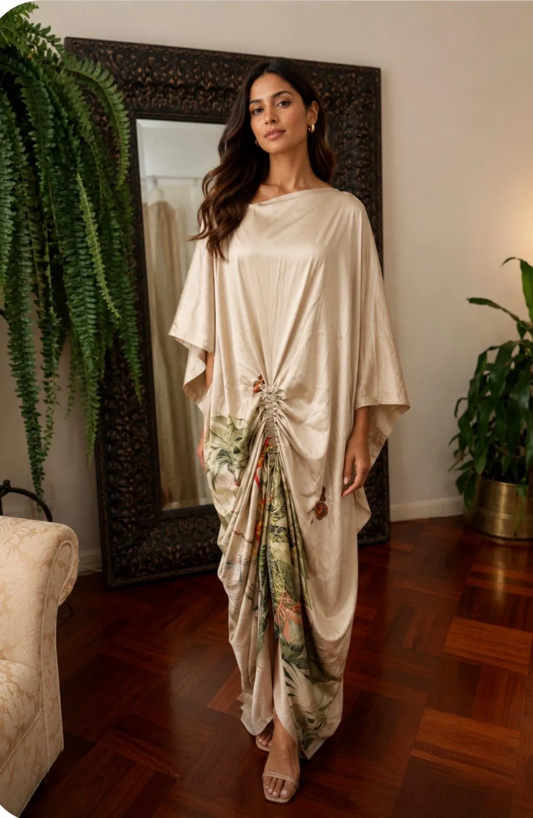 Ivory Bloom Ruched-Front Kaftan Dress