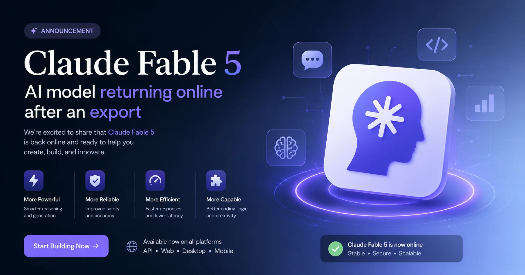Claude Fable 5 AI model returning online after an export