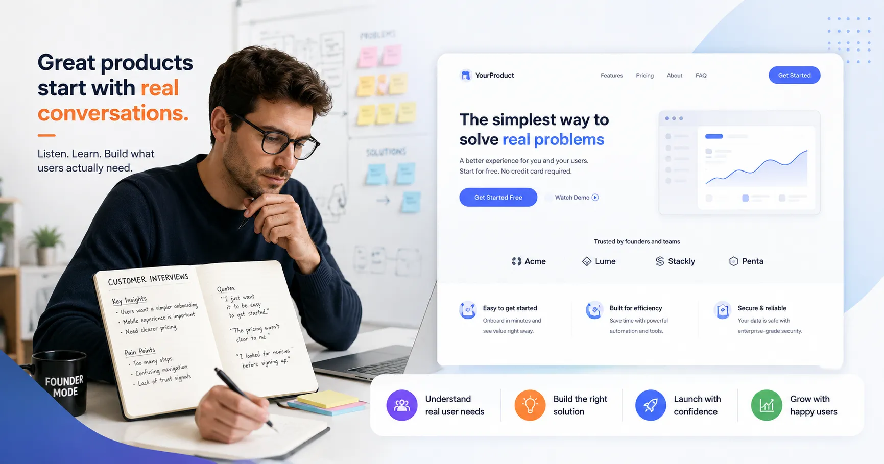 Founder reviewing customer interview notes next to a simple landing page mockup