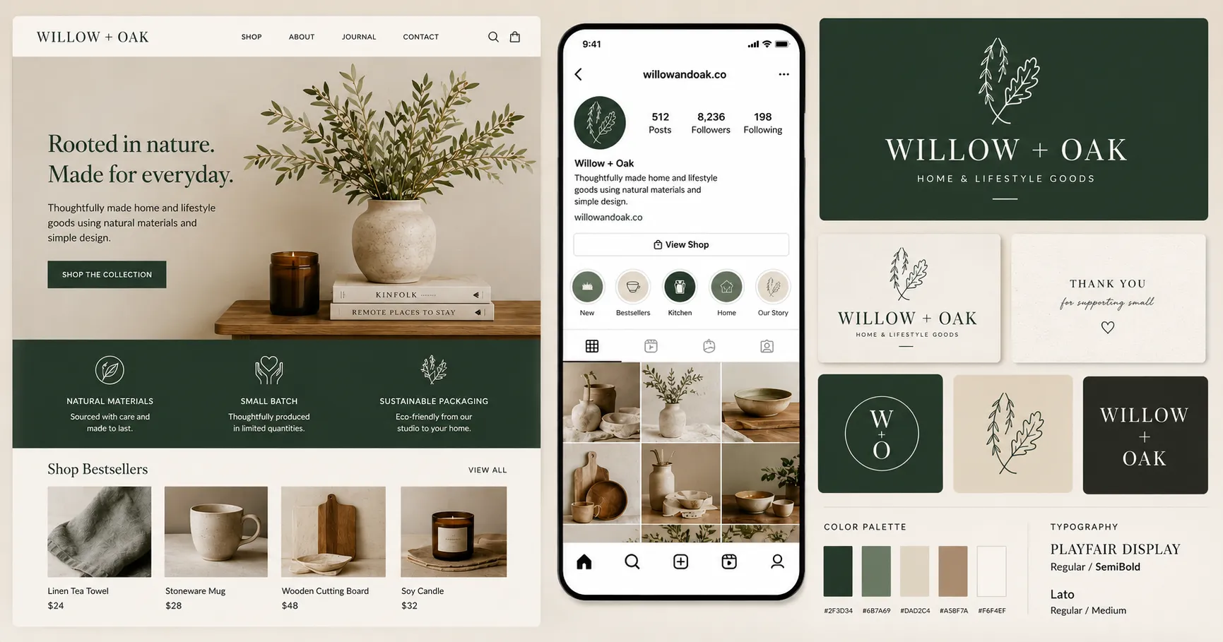 A small business brand identity laid out across a website, social profiles, and a logo system