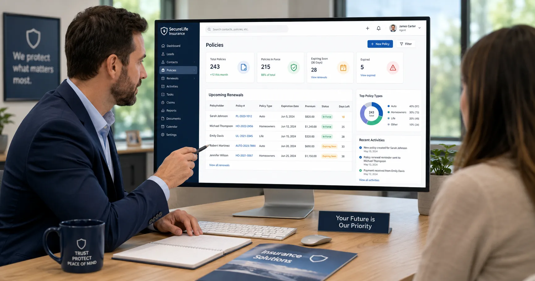 An insurance agent reviewing client policies and renewals in a CRM dashboard